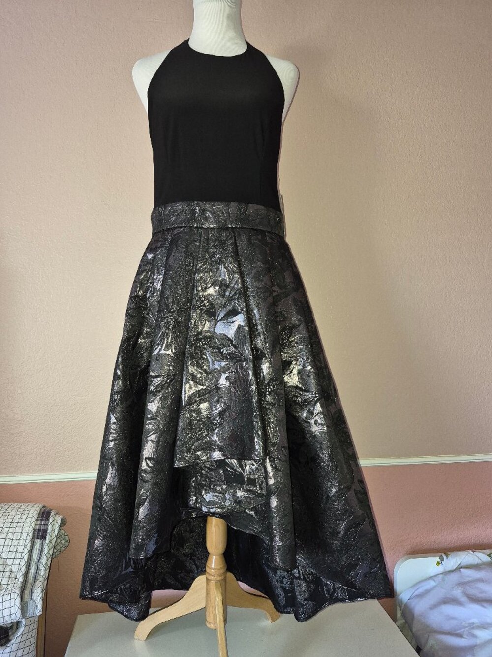 SLNY MISSY Black Gunmetal Open Back Tie Neck Hi Lo Maxi Dress Size 14 NEW